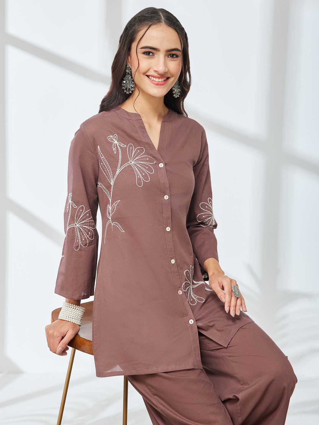 Brown Pure Cotton Embroidered Cord Set