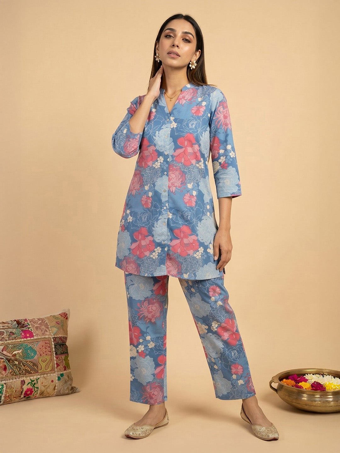 Blue Pure Cotton Floral Cord Set