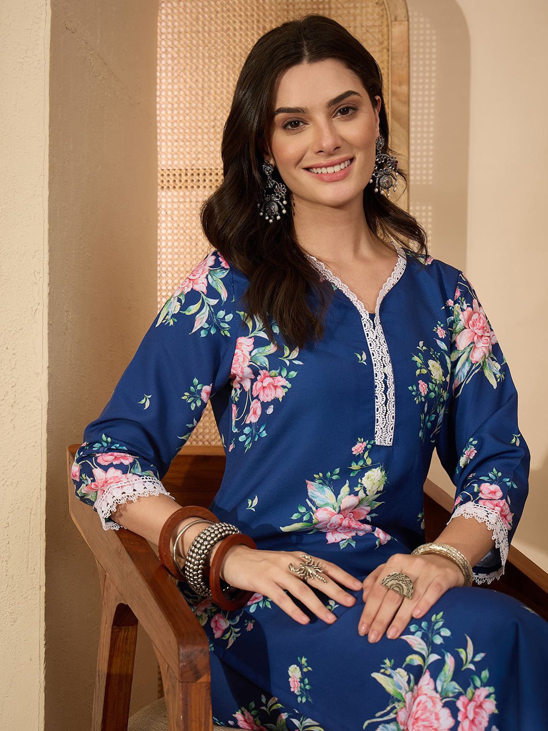 Blue Rayon Blend Floral Printed Cord Set