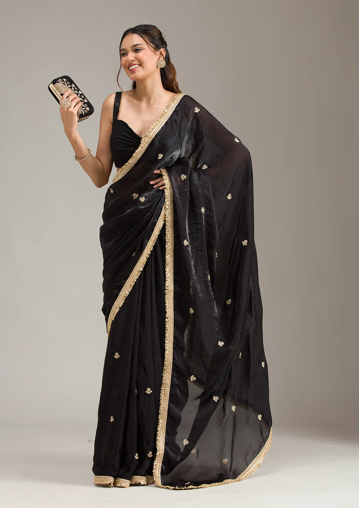 SAUS0044742_BLACK_5.webp Black Stonework (Gold) Georgette Saree - Image 1