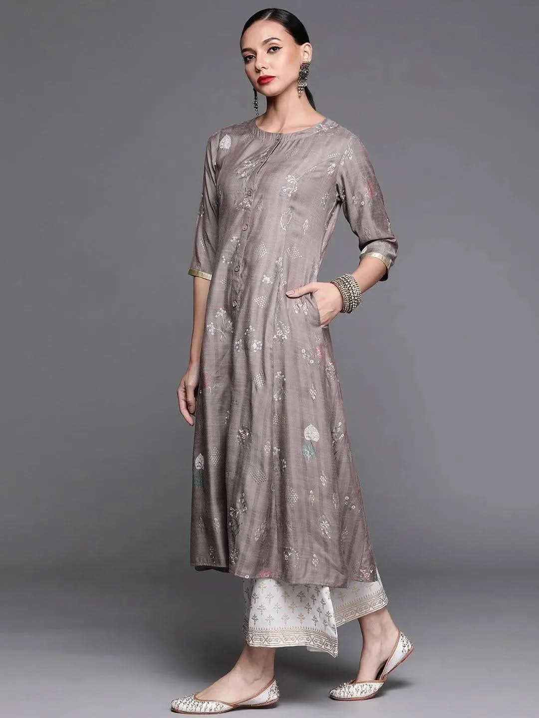 grey-printed-cotton-silk-kurta-libas-2-1.jpg Grey Printed Cotton Silk Kurta - Image 1