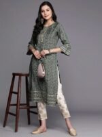 Grey Printed Silk Straight Kurta - Image 3