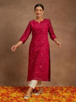 Hot Pink Embroidered Chanderi Silk Straight Kurta - Image 2