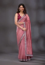 Peach Threadwork Raw Silk Saree - Image 4