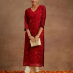 Red Embroidered Chanderi Silk Straight Kurta
