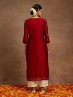 Red Embroidered Chanderi Silk Straight Kurta - Image 4