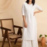 White Woven Design Cotton Kurta